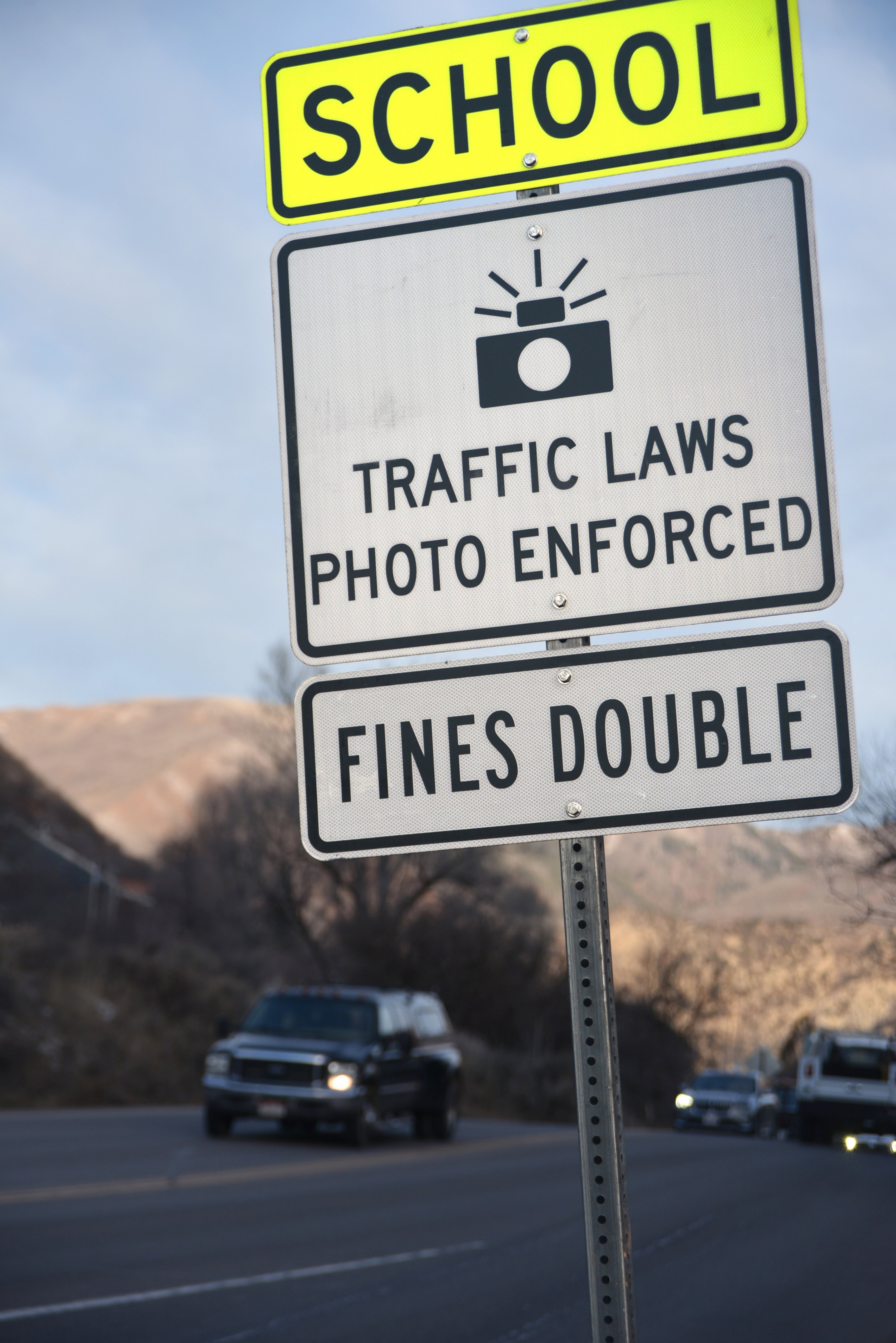 A sign on Midland Avenue warns drivers of an upcoming speed camera near Yampah High School. Photo by James Steindler